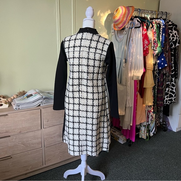 White Gold Tweed & Black Colorblock Mockneck Thick Modest Formal Pencil Dress S - Picture 7 of 16